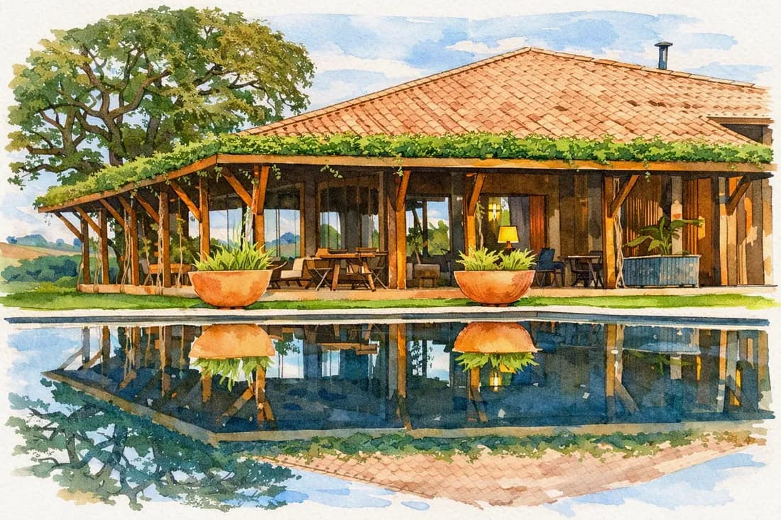 Aquarela do Buganville Vilas: varanda de madeira coberta de vegetação, refletida na água da represa.